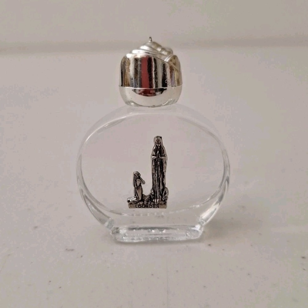 Lourdes French Catholic bottle Of Holy Water Mother Mary in Silver plated